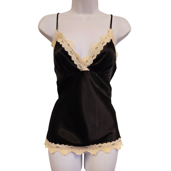 Trixxi Tops - Vintage Y2K Babydoll Whimsigoth Coquette Black Satin Lace Trimmed Cami L